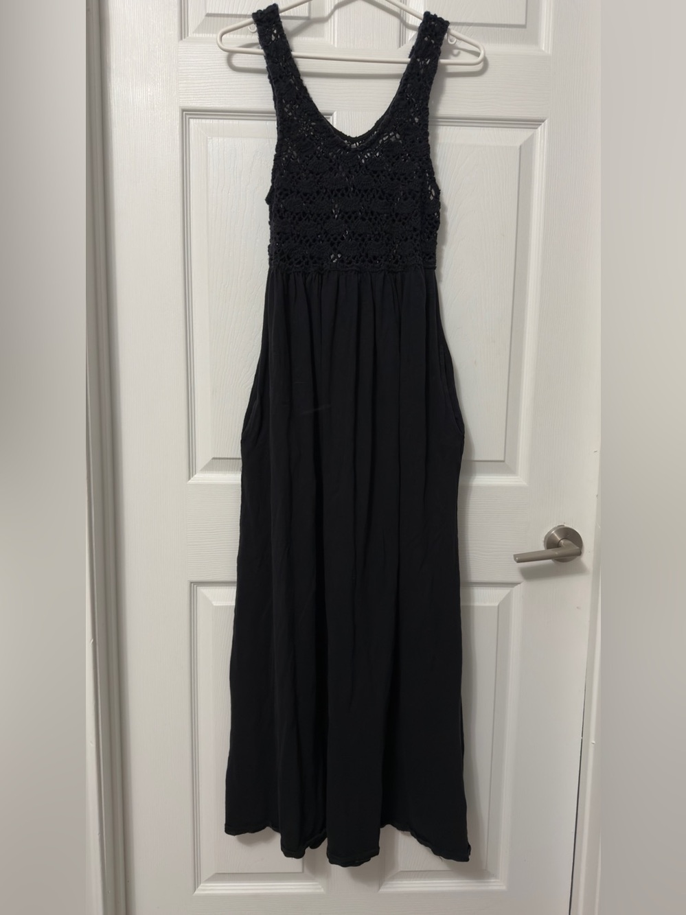 Black Crochet Bodice Maxi Dress with Pockets - Women